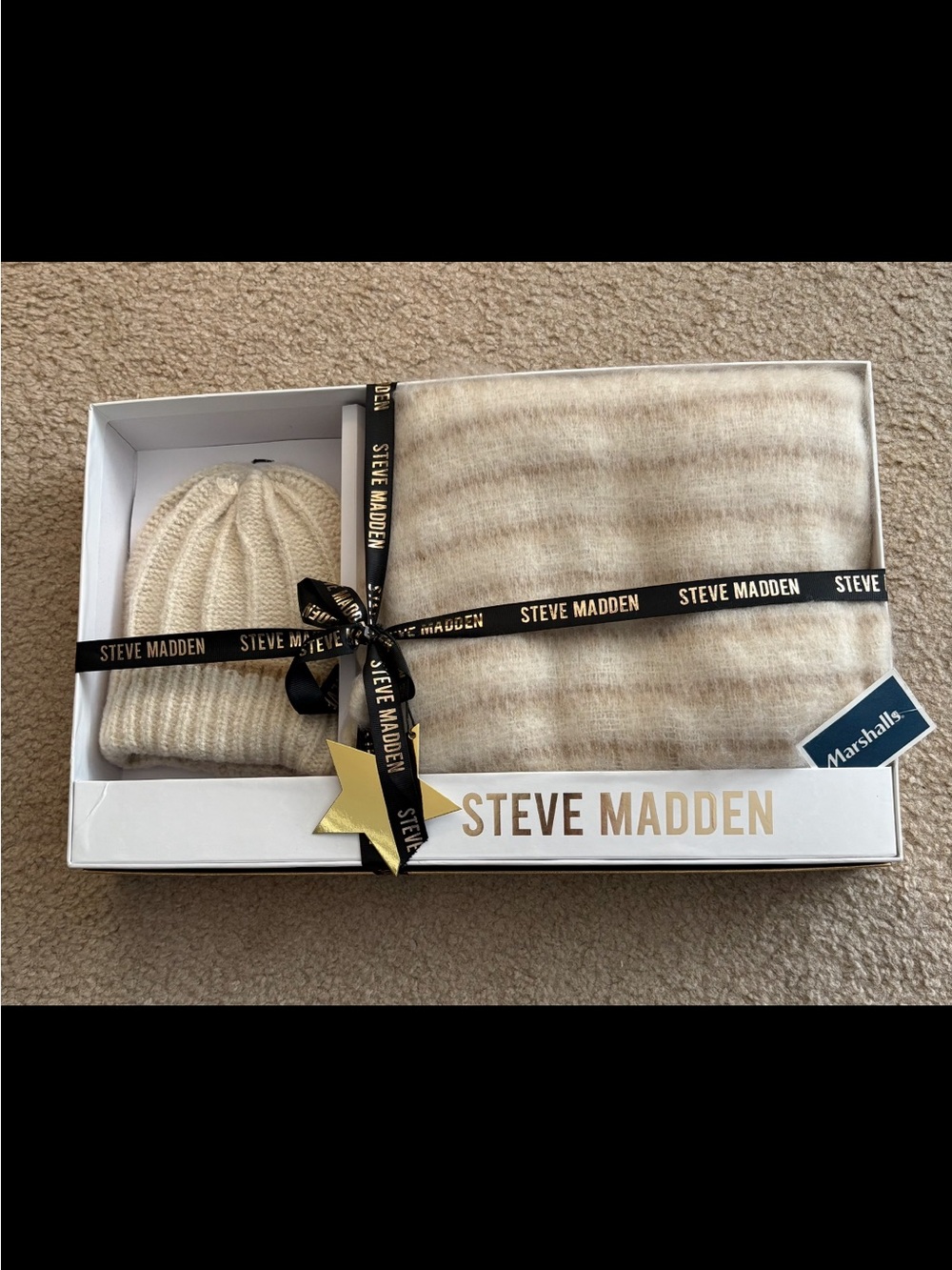 Steve Madden Cream Ribbed Beanie and Matching Scarf Gift Set